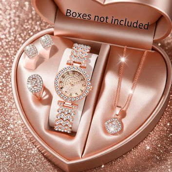 5pcs Luxury Rhinestone Women's Quartz Watch Elegant Ladies Bracelet Wristwatch Jewelry Set（Without Box）